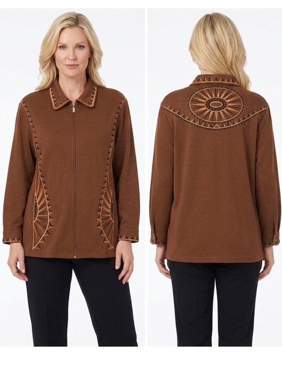 Bob Mackie Jackets & Blazers - Bob Mackie Jacket 1X Brown Southwest Sunburst Embroidered Zip Front Western Art
